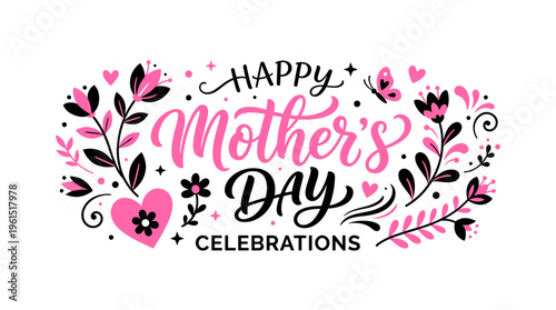 A beautiful Mother's Day floral card with a heart shape and text. The word Mother's Day is highlighted with a cheerful and lovely design