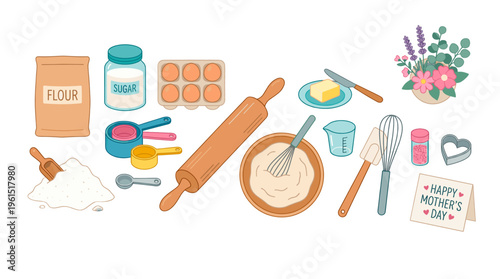 Baking ingredients arranged on a table, including flour, sugar, eggs, and a rolling pin.