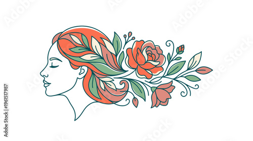 A profile portrait of a woman with floral hair decoration and serene expression, embodying natural beauty and peace. The intricate line art showcases elegant contours and graceful features.