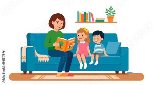 A mother and two children reading a book together on a sofa in a living room, fostering the joy of literacy and family bond