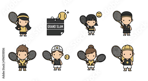 Cute flat style cartoon tennis players with rackets and balls around grand slam calendar icon, sports characters illustration