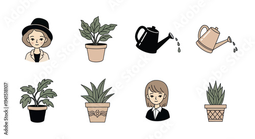 Cute hand-drawn icons of women, potted plants and watering cans in soft colors, perfect for gardening or lifestyle graphic projects