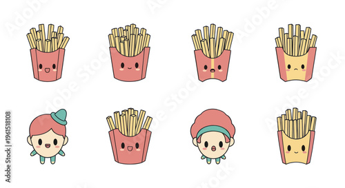 Cute kawaii cartoon French fries with various facial expressions and two small characters in pastel colors, perfect for social media and kids content