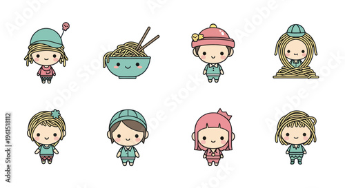 Cute kawaii noodle bowl and chibi characters with noodle hair in pastel colors, perfect for children?s books, toys, and playful designs