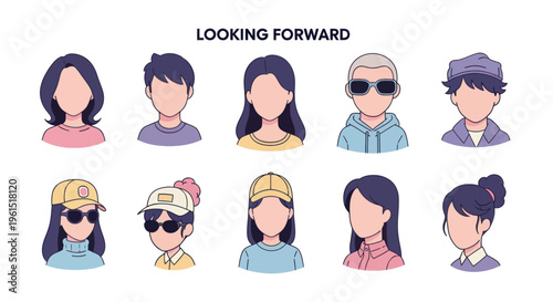 Faceless diverse cartoon people icons with different hairstyles and accessories under looking forward text, avatar illustrations for online profiles and social media