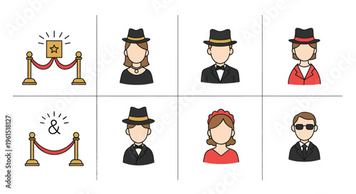 Flat icons of celebrities, red carpet, and bodyguards in elegant attire for event and entertainment design