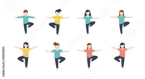 Group of children practicing tree yoga pose with arms extended for balance, flat design illustration for health and fitness education