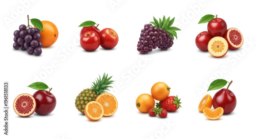 Fresh assorted fruits collection including grapes, apples, pineapple, oranges, strawberries, and tropical fruits, ideal for healthy lifestyle and nutrition visuals