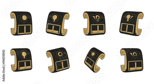 Hand-drawn set of vintage-style fantasy location scroll icons with map markers and abstract map elements, ideal for game design and storytelling projects