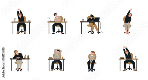 Office workers stretching and relaxing at their desks in various poses, promoting workplace wellness and ergonomic health