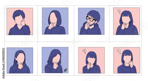 Illustration of faceless people in thoughtful poses with question marks, conceptual abstract expressions ideal for creativity and thinking related projects