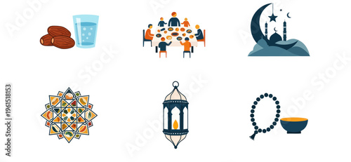 Ramadan and Iftar icons set with dates, glass of water, family dinner, crescent moon mosque, lantern, prayer beads and bowl, Islamic holy month symbols