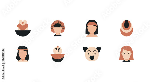 Set of abstract human and animal face icons with minimalist style and earthy tones perfect for web design, app icons, and branding projects