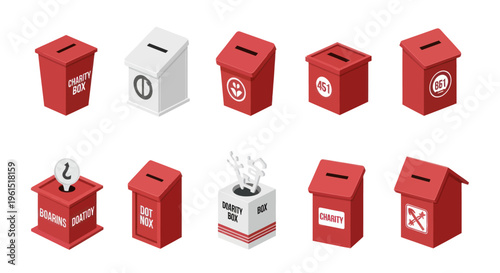 Set of 10 isometric donation boxes with varied designs and red and white colors, ideal for charity and fundraising concepts