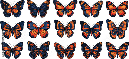 Grid of fifteen stylized butterfly illustrations in orange, red, and dark blue tones—ideal for entomology visuals, nature art, and decorative design projects.