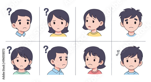 Set of confused and thoughtful cartoon faces with question marks, expressing doubt and curiosity, perfect for educational, psychological, or communication projects