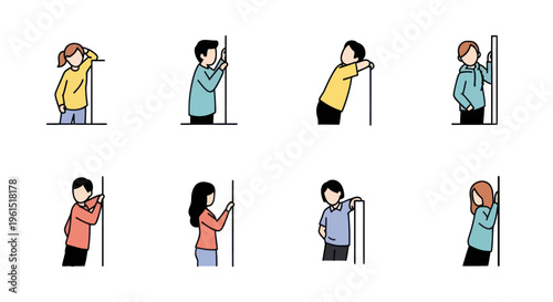 Set of diverse cartoon children measuring their height on a wall or height chart, growth tracking concept, flat vector illustration, educational and health use