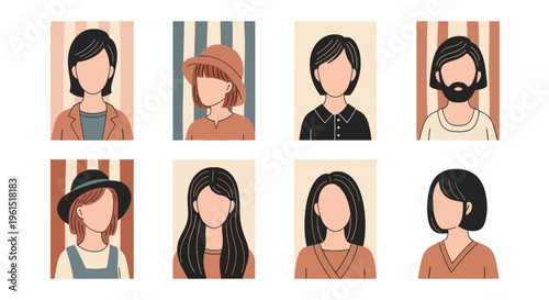 Set of diverse faceless people avatars with different hair styles and clothing, ideal for profile icons and social media designs