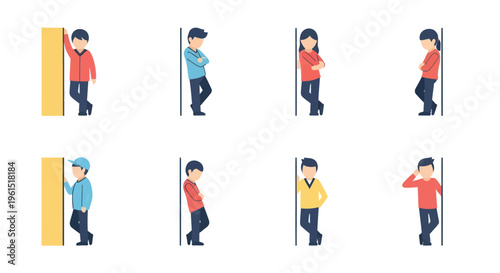 Set of diverse people leaning and standing by walls in casual poses, flat cartoon characters ideal for social media or web design