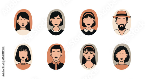 Set of diverse vector portraits of men and women with various hairstyles and accessories in a minimalist flat style, ideal for profile avatars and social media