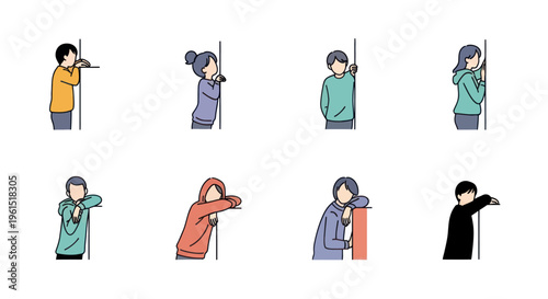 Collection of faceless cartoon people leaning or resting on walls in casual clothing, diverse poses for social media or design projects