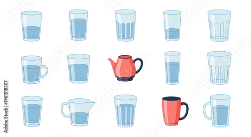 Collection of transparent glasses and cups filled with water and red teapot and mug, kitchenware set illustration for beverage and drink concepts