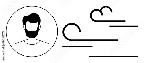 Identity, air quality, movement, beard care, lifestyle, abstract design. Profile of a bearded man in a circle with wind lines. Identity and air quality concept