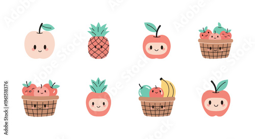Cute kawaii cartoon fruits and fruit basket illustrations with smiling faces, perfect for kids design, packaging, and educational materials