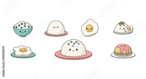 Cute kawaii style cartoon rice balls, fried eggs, and a burger with smiling faces, perfect for food, fun, and children's design projects