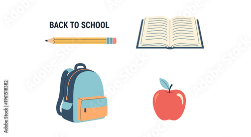 Back to school concept with pencil, book, backpack and apple icons, education and learning illustration for students and teachers