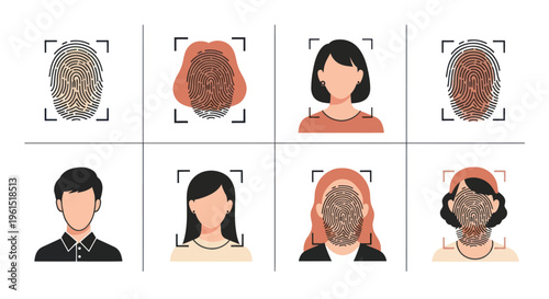 Biometric identification concept with fingerprint and facial recognition icons representing digital security and user authentication technology