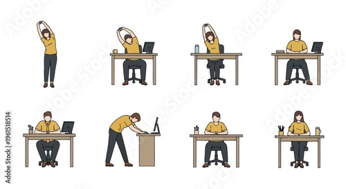 Office workers stretching and sitting at desks illustrating workplace ergonomics and healthy office habits for productivity and wellness