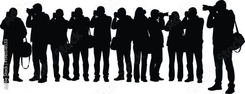 photographers, camera, photography, media, press, journalist, people, group, paparazzi, shooting, silhouette, news, coverage, event, professional, reportage, crowd, equipment, work, vector