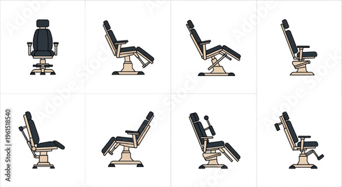 Set of adjustable medical and dental chairs in different reclining positions, ideal for healthcare and clinic design projects