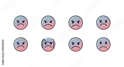 Set of angry emoticons with frowning and angry facial expressions in flat style for social media and digital communication