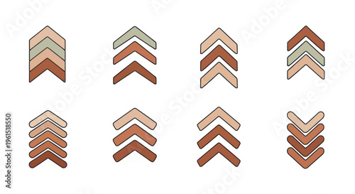 Set of brown and beige layered chevron arrows in various styles and arrangements, perfect for infographic, design, or navigation elements