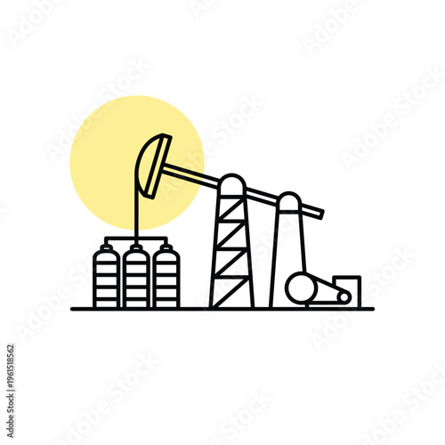 Oil pump jack with storage tanks line icon minimal petroleum extraction equipment onshore symbol for energy industry outline illustration modern flat clean vector isolated white background