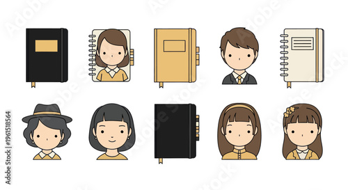 Set of cartoon female and male portraits and various colored notebooks with tabs and bookmarks, ideal for educational or personal planner concept