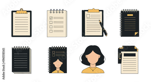 Collection of handwritten notes, checklists, and notebook icons with female avatar illustration, perfect for productivity and organization designs