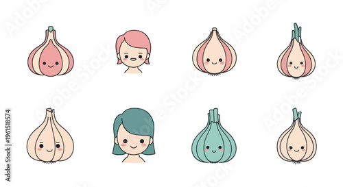Cute kawaii cartoon garlic bulbs and girls with different pastel hair colors set, adorable vegetable and character illustrations for kids design