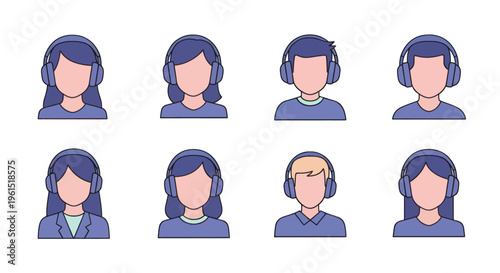 Set of diverse faceless avatar icons wearing headphones, female and male characters for call center, customer support, communication, and online interaction