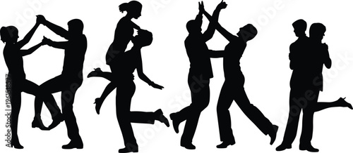 romantic dancing couples silhouettes, love relationship poses, happy partners embracing, passion and romance concept, human interaction, lifestyle illustration collection set