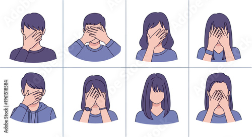 Set of diverse cartoon men and women covering their eyes in different poses, expressing shyness and avoidance emotions, perfect for mental health and emotional illustration