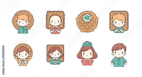 Cute cartoon characters with waffles and tea cups, breakfast food concept illustration, perfect for kids and food-related designs