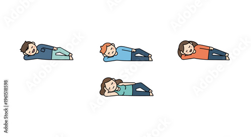 Cute cartoon kids lying down sleeping and relaxing in various poses, cartoon children resting illustration for sleep or relaxation concepts