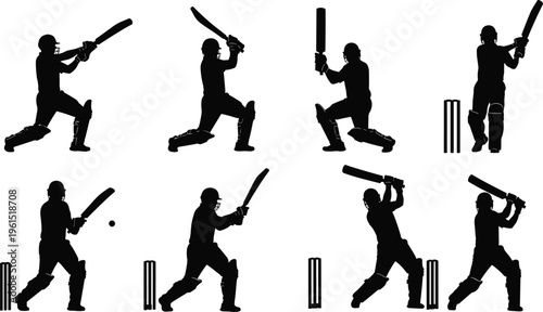 set of cricket player silhouettes batting in different action poses isolated on white background representing sport activity and athletic movement