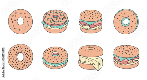 Hand-drawn cartoon bagels and bagel sandwiches with various toppings including cheese, lettuce, and bacon, perfect for food or breakfast themed designs
