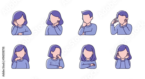 Set of thoughtful and pensive people icons with various hand poses in flat style for communication and emotion concepts