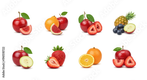 Fresh assorted fruits including apples, strawberries, orange, pineapple, blueberries, and figs isolated on white background, healthy food concept