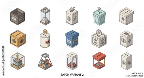 Isometric donation boxes and charity containers set with coins toys and tissues, fundraising and support concept, vector illustration